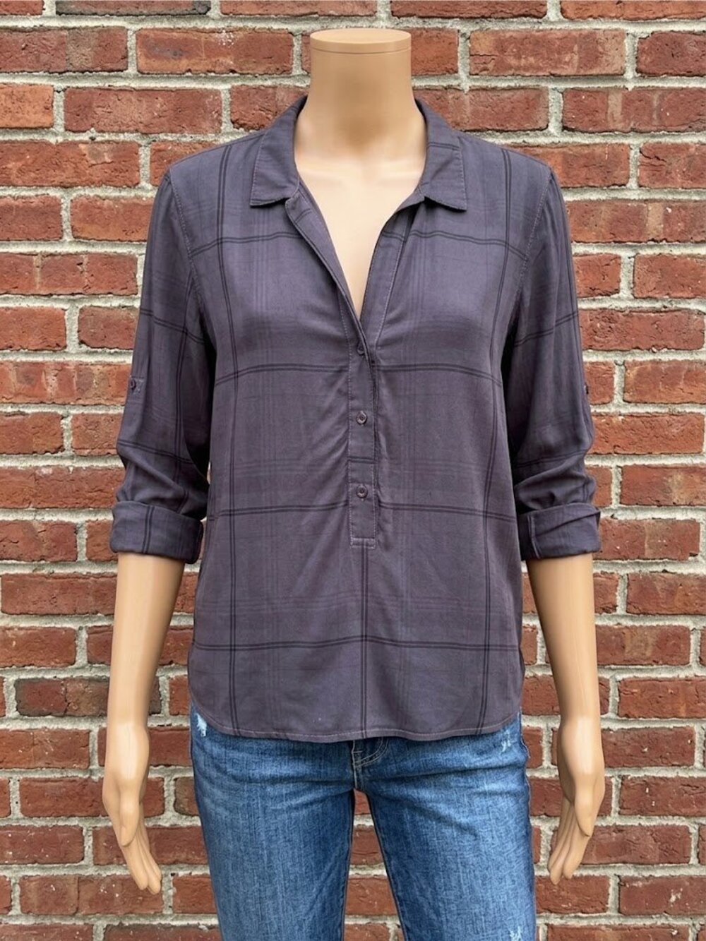 Bella Dahl Woman’s Dark Gray Plaid Button-Henley Shirt